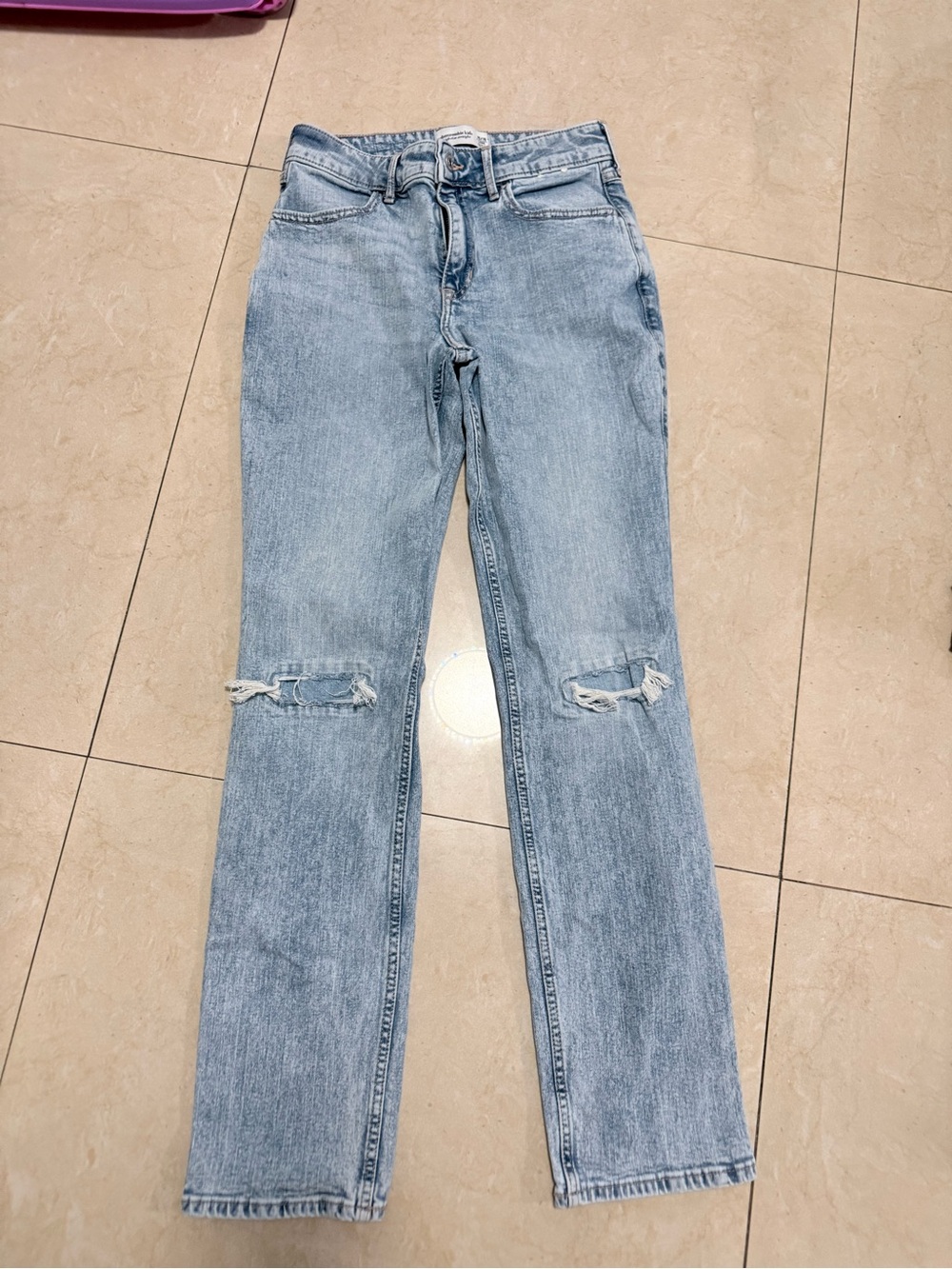 abercrombie kids Light Blue Straight-Leg Jeans with Knee Rips